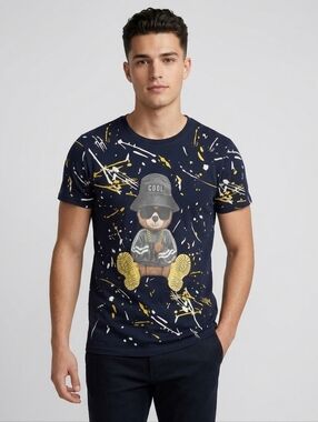 bk elvis Collection "Cool Bear" Graphic Tee - Splatter Print - Size Medium